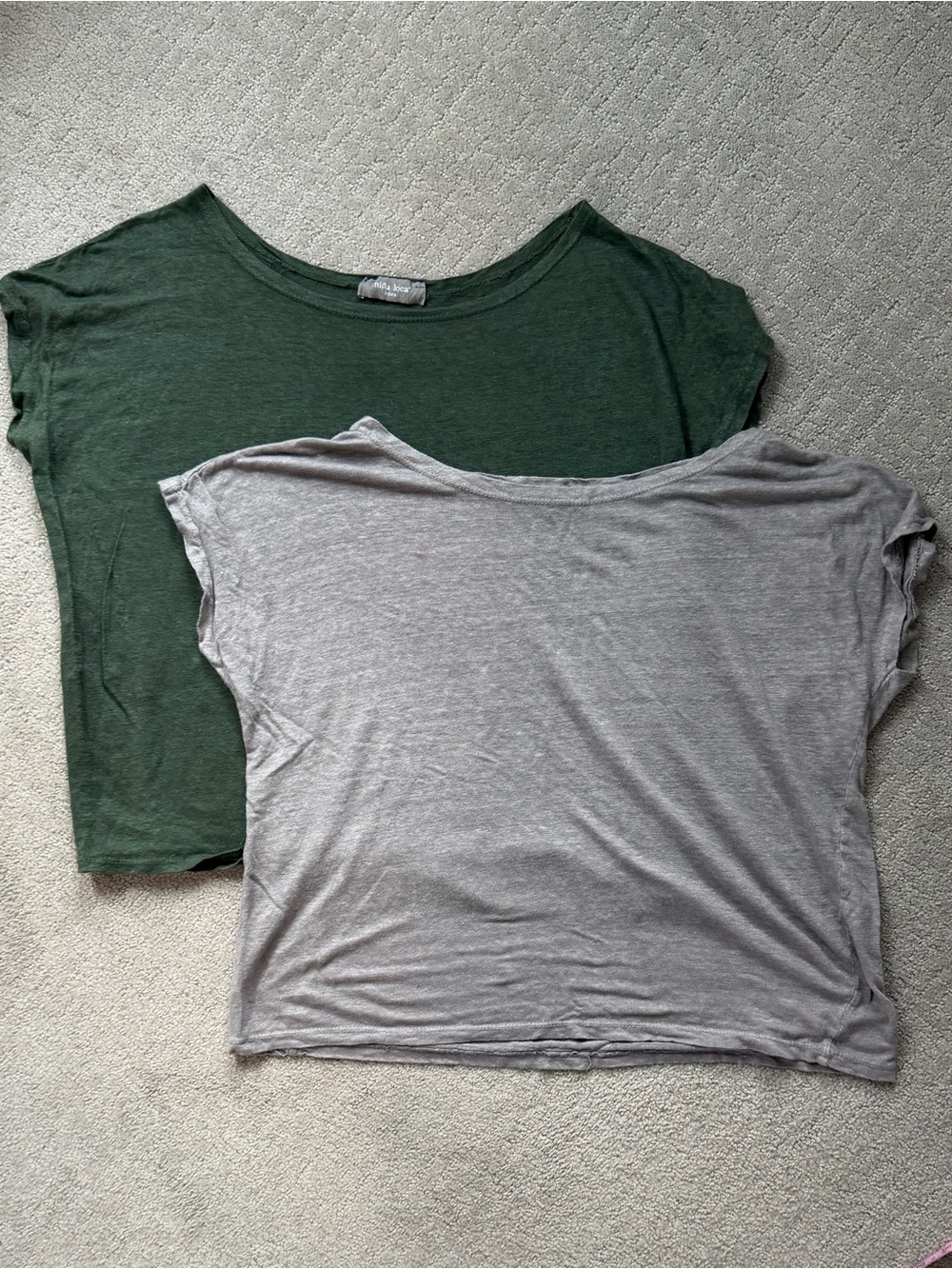 2) Nina Loca 100% Linen Boatnexk T-shirts - Green & Tan - Made in Italy